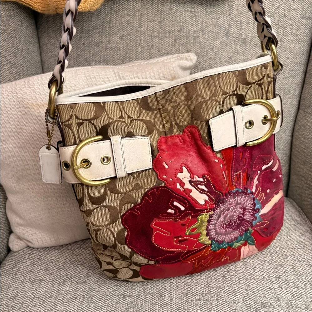 Coach Tan and Red Floral Shoulder Bag - Picture 1 of 8